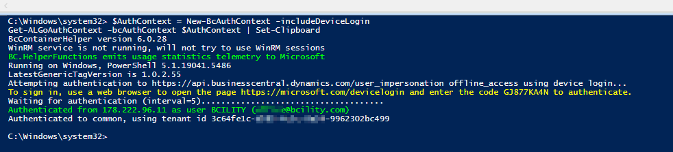 A PowerShell session running New-BcAuthContext with device login and copying the auth context