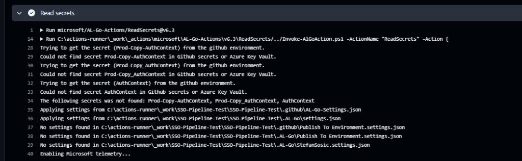 A Read secrets job log reporting that the AuthContext secrets could not be found
