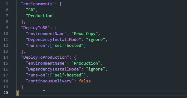 The AL-Go settings declaring the SB and Production environments, each pinned to a self-hosted runner
