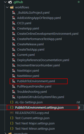 The workflows folder with PublishToEnvironment.yaml beside its own PublishToEnvironment.settings.json