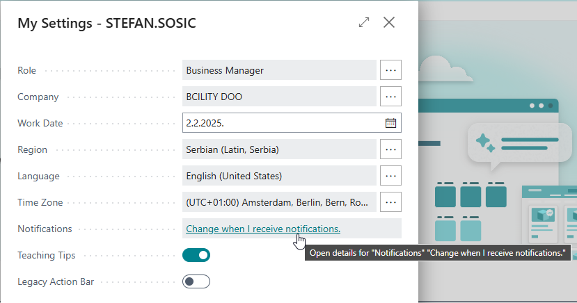 My Settings, with the link that opens the personal notification list