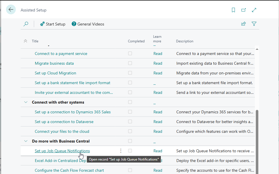 The Assisted Setup list with Set up Job Queue Notifications about to be opened