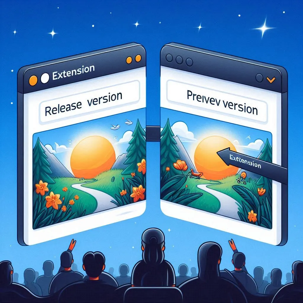 Illustration of two browser windows side by side labeled Release version and Preview version, with an audience watching below, illustrating AppSource extension previews.