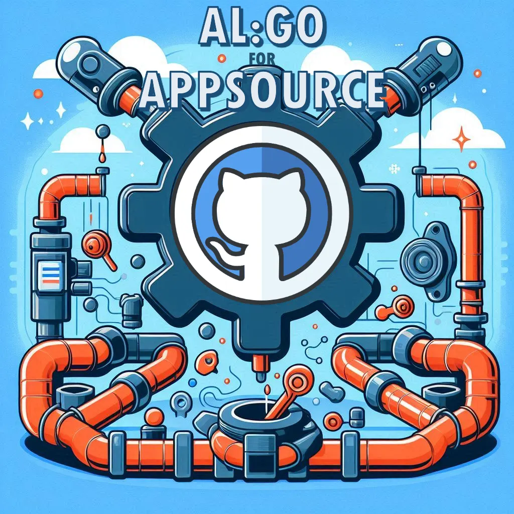 Illustration of a gear with the GitHub logo connected by orange pipes, labeled AL:GO for AppSource.