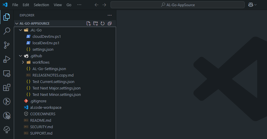 The cloned AL-Go-AppSource repository in VS Code, showing its .AL-Go and .github contents