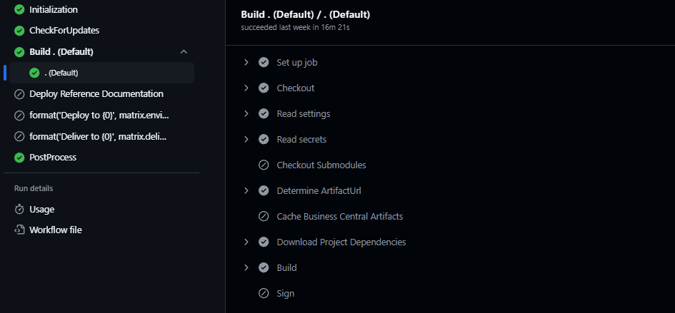 A build run where the Sign step is skipped because no certificate is configured