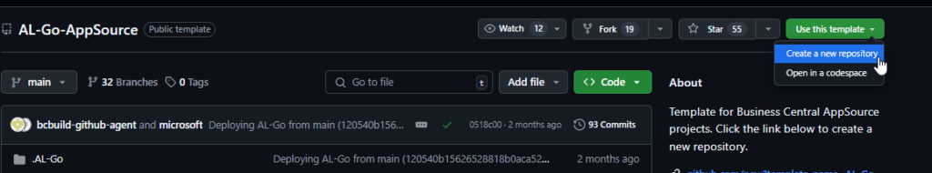 The AL-Go-AppSource template repository on GitHub, with Use this template open