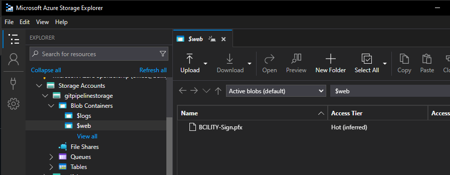 Azure Storage Explorer showing the signing pfx uploaded to a blob container