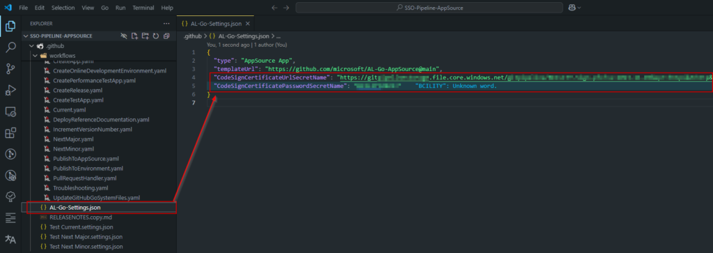 AL-Go-Settings.json pointing at those two secrets instead of the key vault