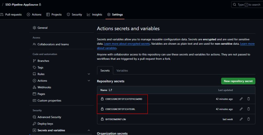 The repository secrets holding the code signing certificate URL and password