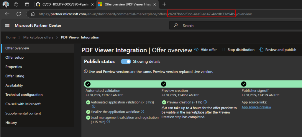 Microsoft Partner Center, with the AppSource product id highlighted in the offer URL