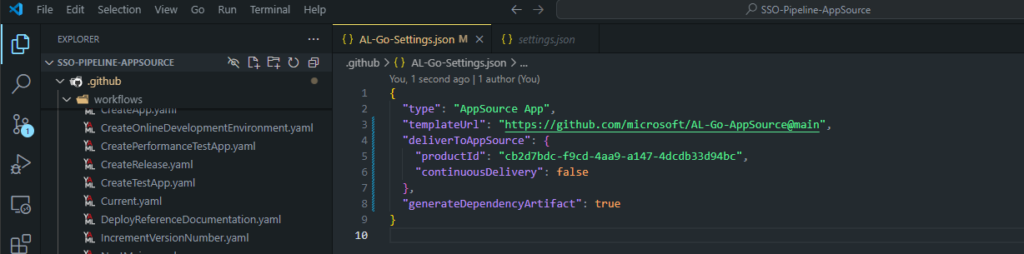 AL-Go-Settings.json with deliverToAppSource carrying that product id and continuous delivery off