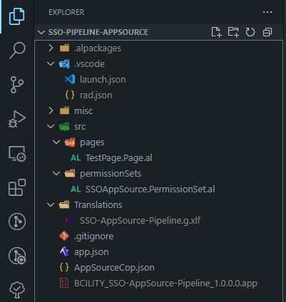 An existing AppSource project in VS Code before the template files are copied in