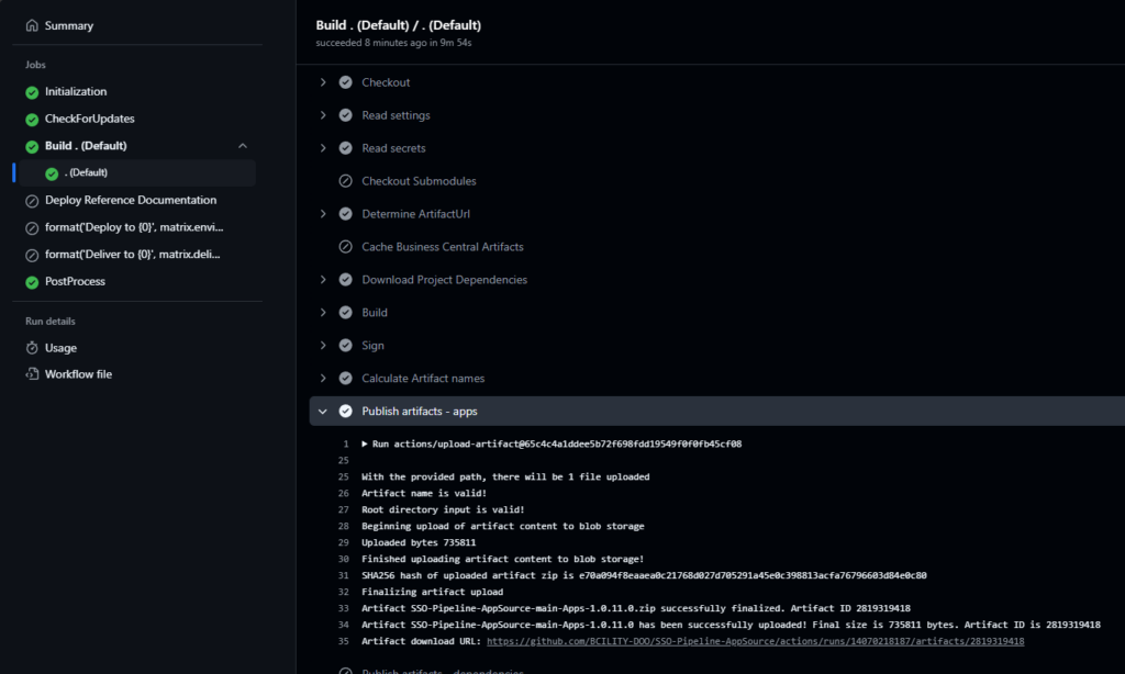 A successful build with the Sign step completed and the signed app artifact uploaded