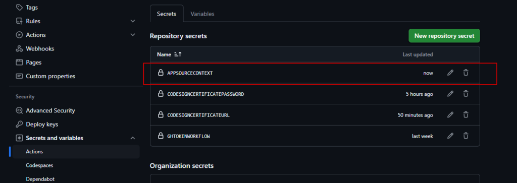 The repository secrets with the AppSource context secret added