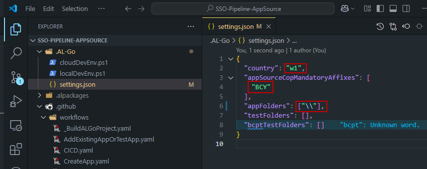 The .AL-Go settings.json with country, the mandatory AppSourceCop affix and appFolders set