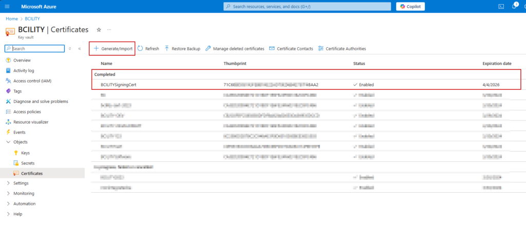 An Azure Key Vault certificate list with the code signing certificate enabled