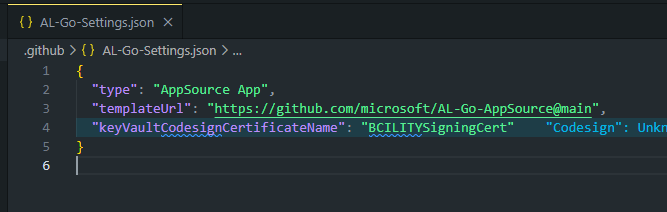AL-Go-Settings.json naming that key vault certificate for code signing