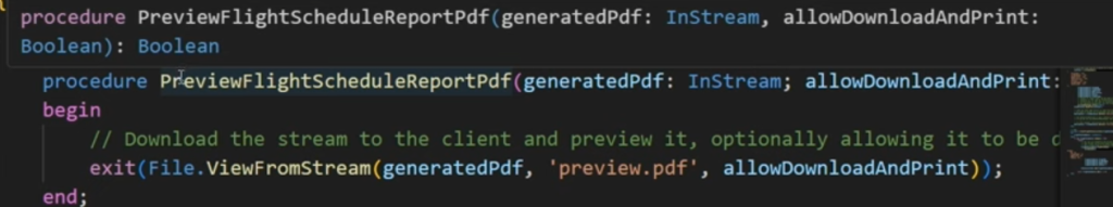 AL procedure using File.ViewFromStream to preview a generated PDF stream in the client.