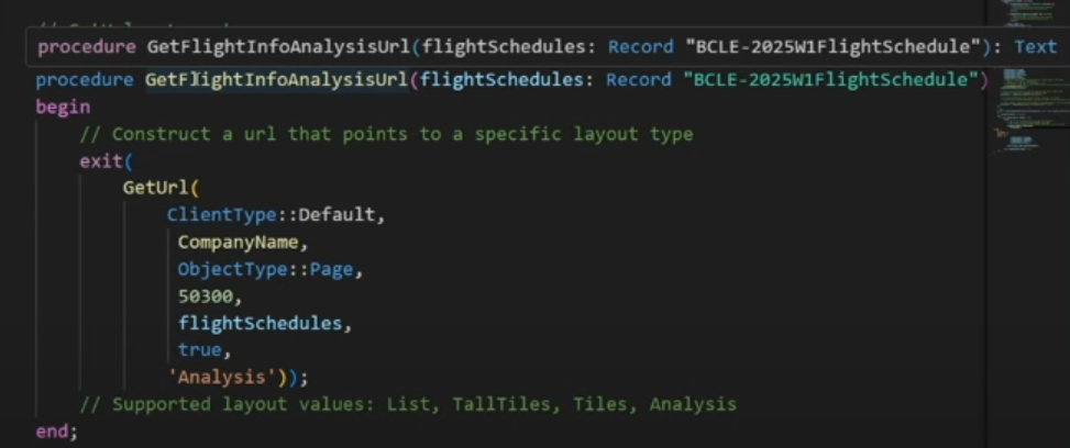 AL procedure calling GetUrl with layout parameter set to Analysis for a specific page link.