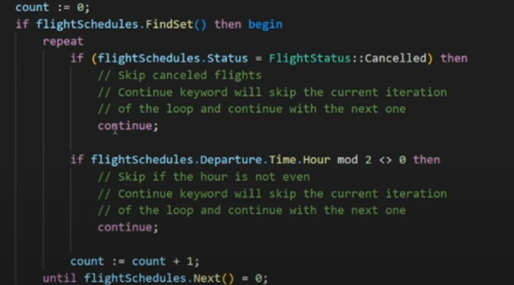 AL loop example using the Continue keyword to skip canceled or odd-hour flight records.
