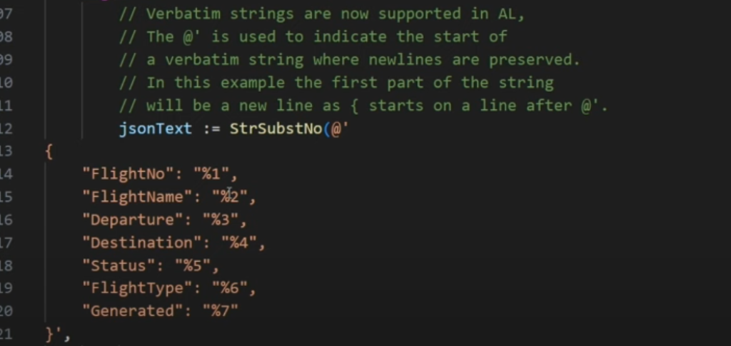 AL verbatim string example using @ and single quotes to build a multiline JSON template.