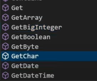 IntelliSense list of JSON getter methods highlighting GetChar among typed accessors.