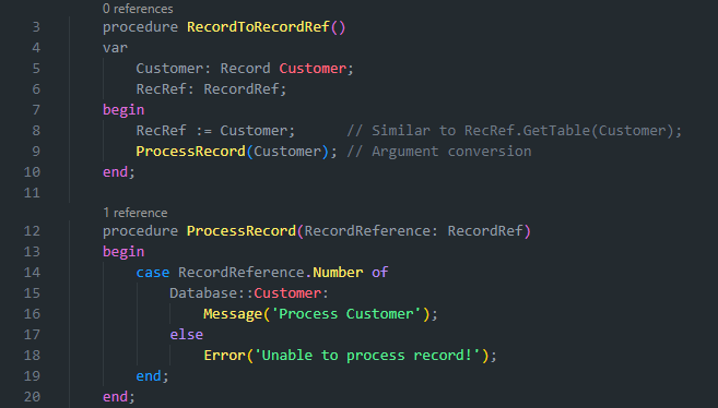 AL code example converting a Record Customer to RecordRef and passing it to a procedure.