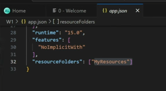 app.json snippet showing resourceFolders configured with MyResources.