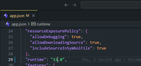 app.json snippet showing runtime set to 15.0.
