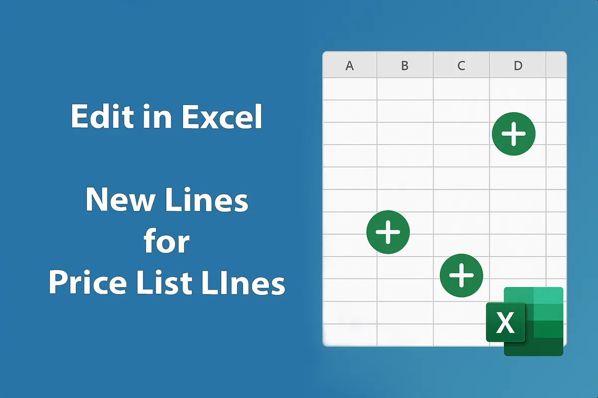 Blog title card with an Excel spreadsheet and price tag icon reading How to Create New Sales/Purchase Price List Lines with Edit in Excel.