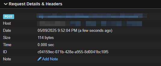 The captured request details and headers for the POST
