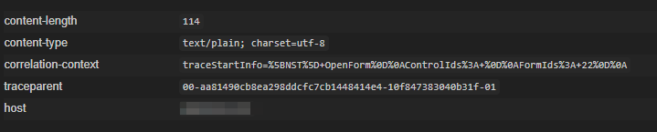 The captured request headers, including content type and trace context