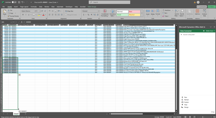Excel workbook connected to Business Central price list lines with primary key values filled for new rows.