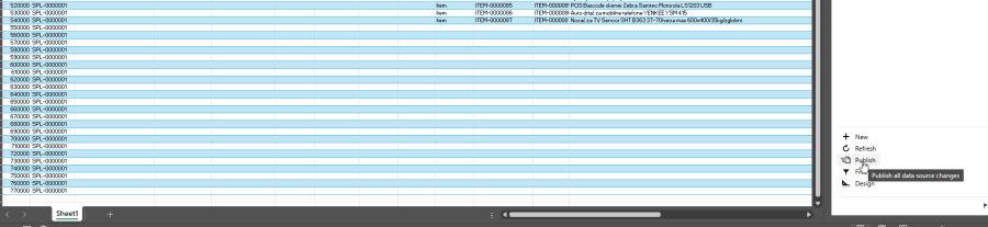 Microsoft Dynamics Office Add-in menu in Excel with Publish selected to send inserted lines.