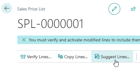 Sales Price List card in Business Central showing banner requiring Verify Lines for modified entries.