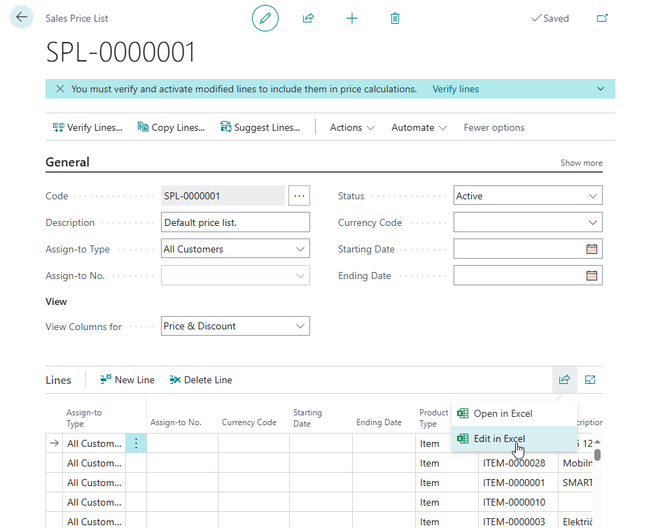 Sales Price List page with Edit in Excel option opened from the Lines action menu.