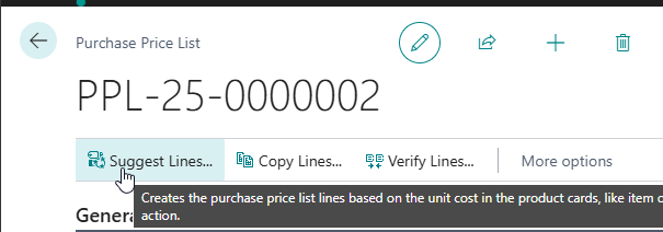 Purchase Price List page with Suggest Lines action highlighted for generating initial lines.
