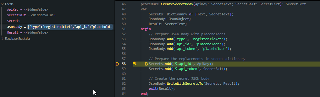 The debugger locals pane: every SecretText is HiddenValue while the JSON body is plainly visible
