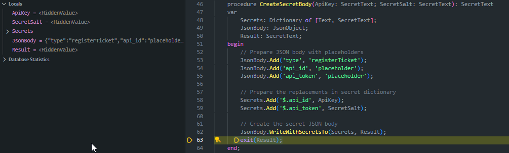 The debugger stopped on exit, with the SecretText result hidden
