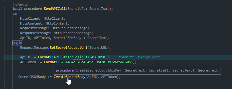 AL creating SecretText values for an API id and token, then passing them to CreateSecretBody