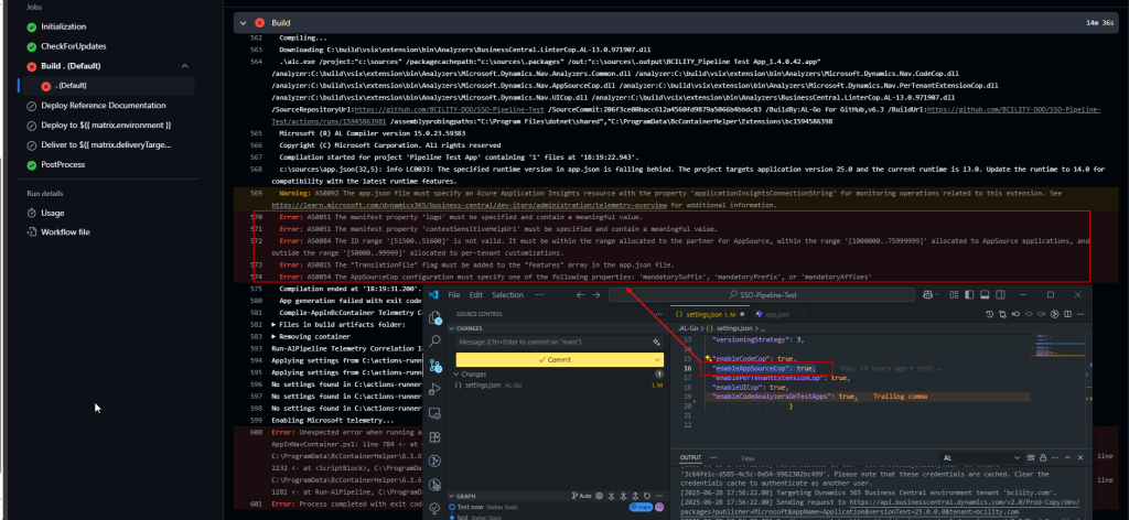 GitHub Actions build log showing analyzer and AppSourceCop errors highlighted in pipeline output.