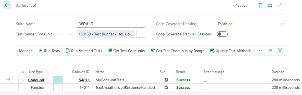 AL Test Tool page showing suite DEFAULT with successful mocked HTTP test results.