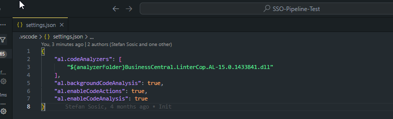 VS Code settings.json configuring al.codeAnalyzers to include the BusinessCentral.LinterCop DLL.