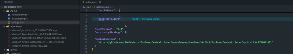 AL-Go settings.json showing customCodeCops configured with a direct LinterCop DLL URL.