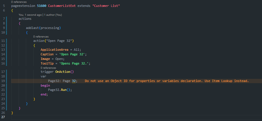 AL page extension code triggering a LinterCop rule warning about using object ID in variable declaration.