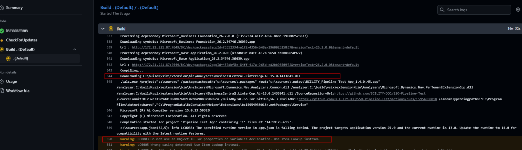 GitHub Actions build log confirming BusinessCentral.LinterCop analyzer DLL is downloaded and used during compilation.
