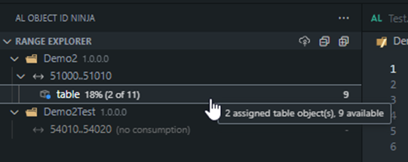 The Ninja Range Explorer with a tooltip reporting two assigned table objects and nine still available