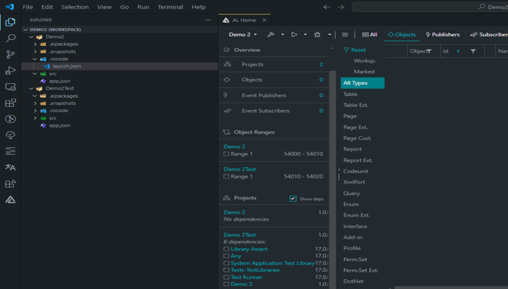 The AL Studio AL Home tab in VS Code, showing a two-project workspace with its object counts and ID ranges
