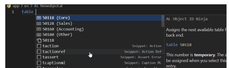 IntelliSense offering IDs drawn from the Core, Sales, Accounting and Other logical ranges